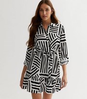 New Look White Geometric Stripe Drawstring Tiered Mini Shirt Dress